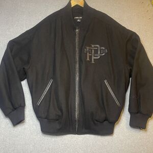 Pelle Pelle Black Bomber Jacket Embroidered Logo Leather Trim Men L Hip Hop